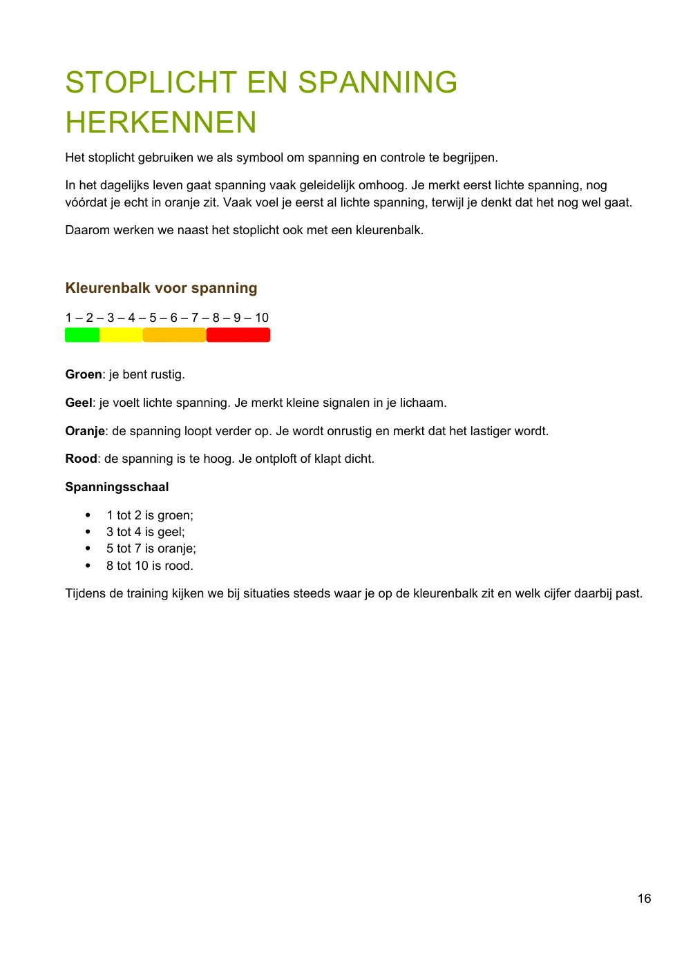 Werkblad Stoplicht en spanning herkennen: een kleurenbalk van groen naar rood helpt de cliënt spanning op een schaal van 1 tot 10 te benoemen.
